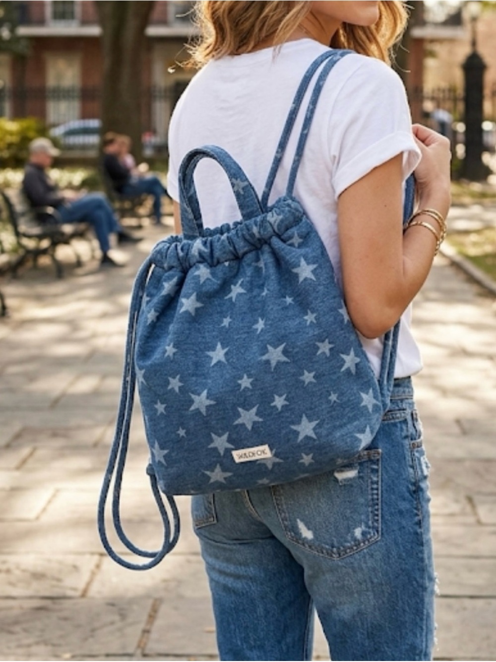 WILDFOX Denim Star Drawstring Backpack NWT